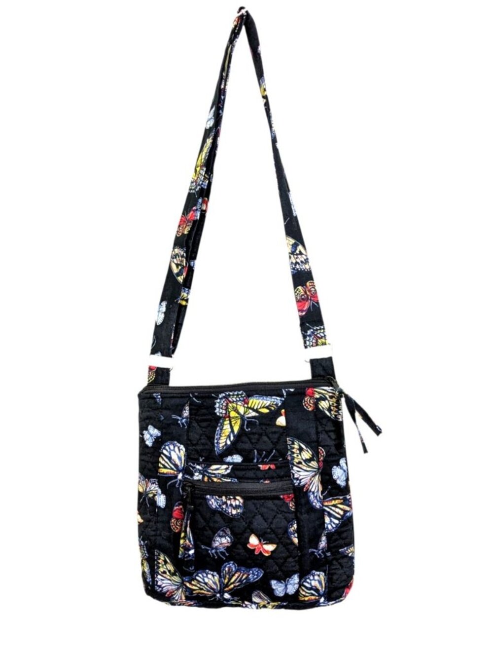 Mary Maxim Quilted Cotton Butterfly Print Crossbody Bag Purse Black Multicolour